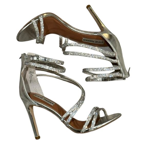 Steve Madden Fiffi Silver Heels Strappy Stiletto Open Toe Sandals Women's Size 6 - Picture 1 of 13
